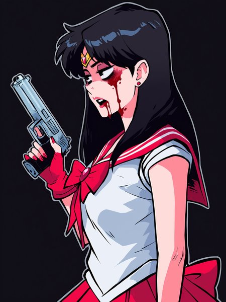 score_9, score_8_up, score_7_up, score_6_up, score_5_up, score_4_up, rating_safe
BREAK
sailor mars, circlet, black hair, black eyes, looking away, tired, half-closed eyes, bags under eyes, sigh, open mouth, looking down, blood on face, blood splatter,
BREAK
solo, portrait, magical girl, red serafuku, from side, (holding gun, handgun:1.2), blood on weapon,
BREAK
black background, <lora:Lunas-SwamiTsunami-SDXL-A1:1>