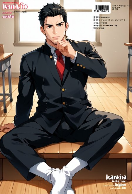 safe_pos, (Aaaild, Aaadjd, manga cover, magazine cover, text) source_anime, safe_pos, perfect anatomy, perfect proportions, best quality, masterpiece, high_resolution, high quality, solo focus, male focus, male only, bara, gay, homo, mature, masculine, manly, virile, macho, hunky, rugged, beefy, handsome, alluring, seductive, heroic, serious, grim, stern, unsociability, bluntness, gruffness, naughty face, moaning, dazed, looking away, focusing gaze, BREAK (asian man, dark eyes, black hair, sideburns, facial hair, thin stubble), BREAK (gakuran, black gakuran jacket, closed jacket, black pants, white socks), BREAK sitting on floor, lying on back, relaxed pose, leaning slightly, one knee bent upward, legs spread, hand adjusting necktie, contemplative expression, horny, kinky, domination, heavy breathing, enticed, excessively sweaty shiny skin, shading, countershading, indoors, classroom, wooden floor