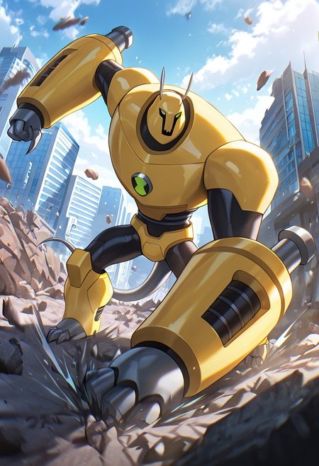 masterpiece, best quality, amazing quality, very aesthetic, absurdres, newest,, detailed background, 
armadrillo, robot, claws, yellow armor, grey tail, antennae, green eyes, massive arms, yellow helmet, mecha
destroyed city, falling rocks, earthquake, daytime, punching ground,