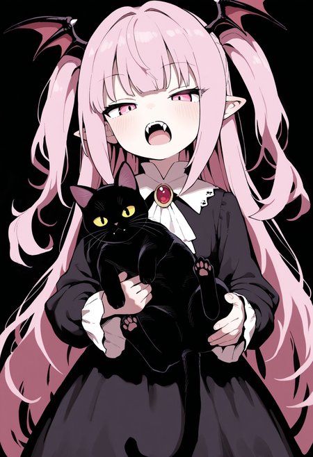 masterpiece,best quality,amazing quality,
1girl, fangs, long hair, dress, pink hair, open mouth, black dress, holding, animal, looking at viewer, pink eyes, solo, pointy ears, cat, two side up, bangs, long sleeves, holding animal, very long hair, ascot, head wings, jewelry, black background, black cat, white ascot, holding cat, vampire, brooch,
<lora:Lativi_V2_epoch_10:1>