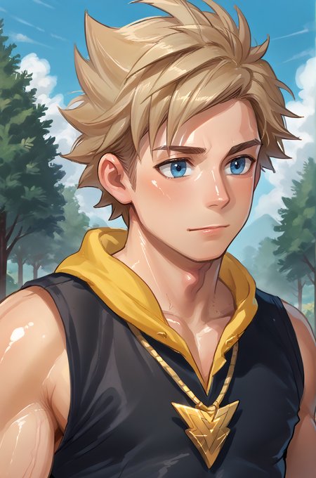 1boy, solo, outdoors, 
 <lora:Spark_ã¹ãã¼ã¯_-_Pokemon_ãã±ã¢ã³_-_Pony:1> spark_pokemon, blonde hair, blue eyes, necklace, wristband, , score_9, score_8_up, score_7_up, source anime, (shiny skin:1.20),