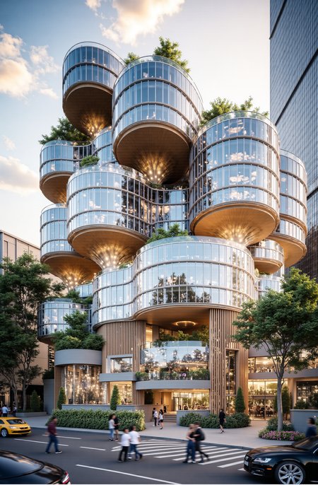 The image is a digital rendering of a modern building with a unique architectural design. The building is made up of multiple levels, each with multiple levels of glass windows that are arranged in a circular pattern. The windows are of different sizes and shapes, creating a sense of depth and dimension. The buildings are surrounded by trees and greenery, and there are a few people walking on the sidewalk in front of the building. The sky is visible in the background, with a few clouds scattered across it. The image is taken from a low angle, looking up at the building from a distance. The overall mood of the image is peaceful and serene.