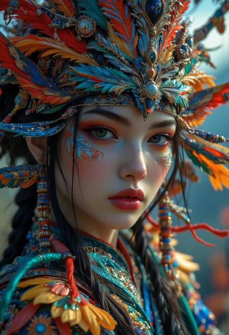 a female warrior. The ghost of a great samurai behind him. unrealistic.. strange world, colorful, psychedelic, 
best quality, sharp focus, high contrast, stylized, dark, clear, surreal, ultra quality, 8k, best quality, vivid color, masterpiece, max details, midjourneyv6.1, from below, from the front, ballerina dance, mythp0rt, aidmaMJ6.1, Midjourney_Whisper, Her hair is styled in an intricate and unique fashion, adding to her ethereal and timeless aura, A hyper-realistic portrait of a stunning supermodel, featuring a beautifully detailed face with captivating eyes and a serene expression, detailed