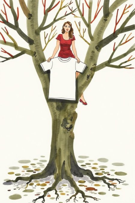 watercolor illustration of a a 90 years old tree photo captured in a low angle close up. A woman on top of the tree is 26 years old. The woman is dressed in a red dress. The tree have a white t-shirt laying on top of its branches <lora:minink1_cap_d6a3e12:1.0><lora:825123575020259362:0>