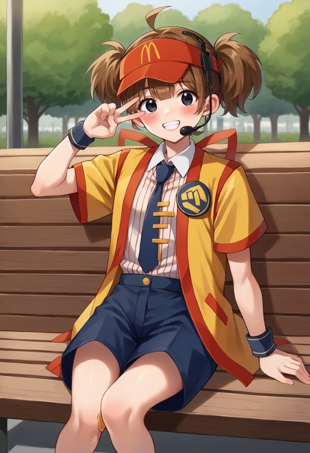 score_9, score_7_up, hd, (ultra hd quality details), source_anime, outdoors, 
1girl, solo, dctabemi, brown hair, short twintails, ahoge, black eyes,
visor cap, headset, jacket, open jacket, short sleeves, necktie, white shirt, striped shirt, collared shirt, blue shorts, wristband, bandaid on knee, 
looking at viewer, blush, smile, teeth, v,
park bench, on bench, park, sitting on bench,
 <lora:_dabuchi_tabemi-elesico-pony-000009:1>