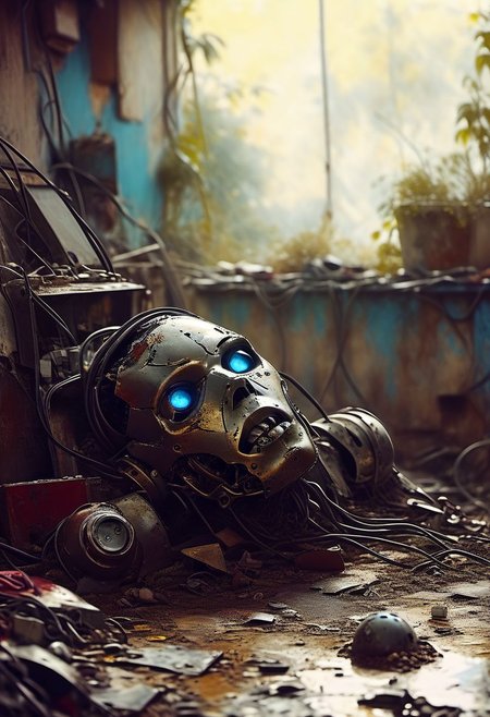 (Emek:1.4), (Film still cinematic photography, tilt angle, bokeh, perfect composition, f 1.8, 44mm:1.1), (slumped, crippled, broken and abandoned, completely destroyed smooth metal cyborg laying down, in bits, on its side, on the ground, covered in dirt and plant life, metal scrap, in an abandoned home, toys and broken stuffed animals, decaying floors, crumbling walls:1.4), (laying down:1.5), (latex skin cracked and peeling off the android's face, cyborg face is missing in chunks, exposed wires, exposed metal frame:1.1), (low focal point on doll:1.2), (electric energies emminating from the body:1.0), (closeup), (natural aura, light blue aura, black aura:1.2), (sunset), (in the style of (Gris Grimly:1.0) and (James Gilleard:1.6) and (Bastien Grivet:1.7)),
<lora:RMSDXL_Creative:0.9> <lora:epi_noiseoffset2:0.3> <lora:lowkey_v1.1:0.8> HyperSmoke, sunny background, blue background, intimate theme, afterglow 
(Bad_pictures:1.0)