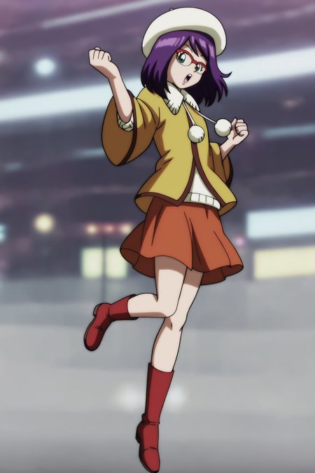 source_anime, score_9, score_8_up, score_7_up, anime screencap, absurd res, high quality,
su roas, official style, absurd res, 1girl, solo, purple hair, medium hair, beret, red-framed eyewear, glasses, green eyes, open mouth, poncho, white sweater, orange skirt, boots, red footwear, jumping, clenched hands, :d, midair, leg up, bare legs, wide sleeves,
 <lora:Kamikaze_Fireballs_v1:0.8>