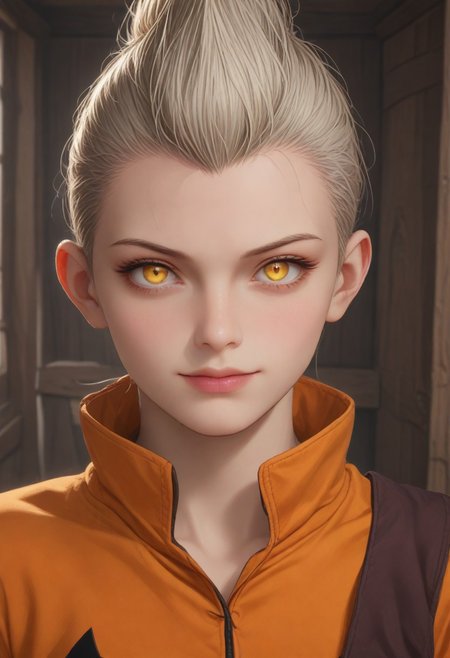 civitametapunksdxl_fem, 1girl, solo, light blonde hair, light skin, Mohawk hair, witch outfit, in Halloween cabin, evil smile, creepy ambience, dark ambience, glowing eyes, looking at viewer,