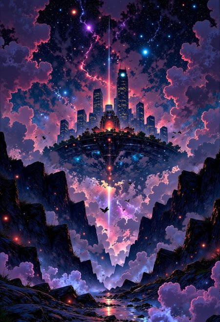 The Eternal Mirage – A City Between Worlds
"A vast city of glass and silver floats above an endless sea of dark clouds, its towers reflecting a sky filled with swirling cosmic hues of violet, navy, and deep crimson. Bridges of transparent crystal stretch between the buildings, appearing and disappearing like shifting mirages. Strange, glowing moths the size of hands flutter through the air, their wings leaving trails of shimmering stardust. The city feels both abandoned and alive, as if it exists in two realities at once."