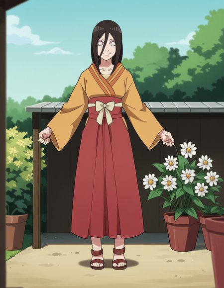 score_9, score_8_up, score_7_up, source_anime, <lora:hanabi-hyuuga-boruto-anime-ponyxl-lora-nochekaiser:1>, hanabi hyuuga, long hair, black hair, hair between eyes, white eyes, no pupils,, skirt, long sleeves, japanese clothes, kimono, sandals, hakama, orange kimono, red hakama,, gardening, watering plants, backyard, flowers blooming, sunny day,, smile, looking at viewer, hand shaking hands, solo,, cowboy shot, dutch angle