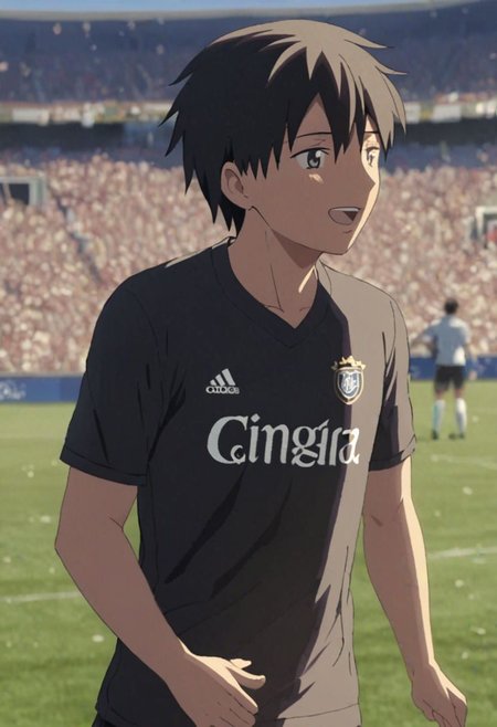 Highres, Masterpiece, High Quality, 4K, 8K, solo, 1Boy, Takaki Toono, adult, black hair, short hair, Soccer Boy, soccer player, field, happy, tired, celebration, sunny day, easynegative, detailed_eye_model