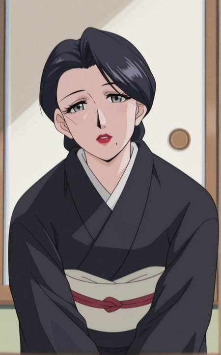 masterpiece, best quality, insaneres, absurdres,all four, full body, looking at viewer, indoors, bokeh, negative space, <lora:ILLUSTXL_MistreatedBride_SumieTakayanagi_ownwaifu:1>, BREAK BlackKimono_SumieTakayanagi_ownwaifu, 1girl, black hair, black kimono, breasts, grey eyes, japanese clothes, lipstick, makeup, mature female, mole under mouth, red lips, short hair, single hair bun, eyelashes, sash, hair up, large breasts, lips, long sleeves, obi,