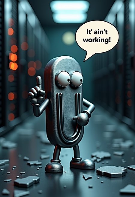 cl1ppy,  (Clippy, a paperclip with googly eyes), desktop (computing), icon, middle finger
A metal paperclip with googly eyes, (speech bubble "it' ain't working, okay?!"), 
server background, chaos, broken glass