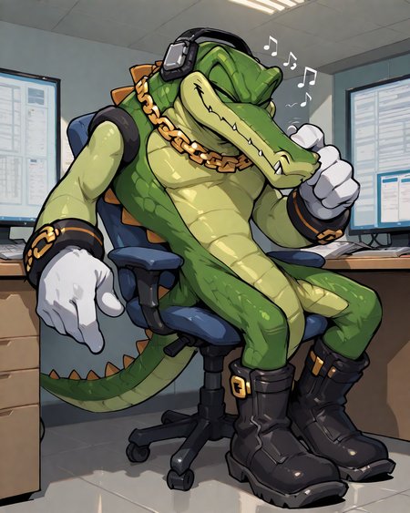 r3h0, very awa, masterpiece, best quality, absurdres, newest, perfect quality, detailed background, intricate details, vector the crocodile, headphones, gold chain necklace, white gloves, black boots, candid, run-down office, leaning in desk chair, listening to music, eyes closed,