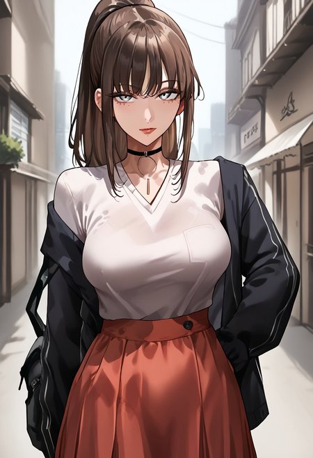 score_9, score_8_up, score_7_up, score_6_up, 1girl, micchan, mature women, older women, medium hair, side-swepped bangs, brown hair, ponytail, grey eyes,  medium breasts, pale skin, solo, alone, pullover, skirt, stockings