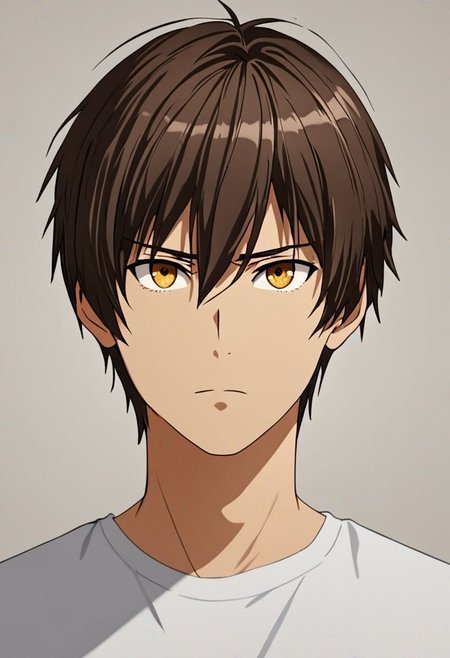 Highres, Masterpiece, High Quality, 4K, 8K, solo, 1Boy, Seiya Kanie, short dark brown hair, golden eyes, Shirt, passport_photo_style, looking at viewer, focused gaze forward, plain background, straight body, head upright, easynegative, detailed_eye_model