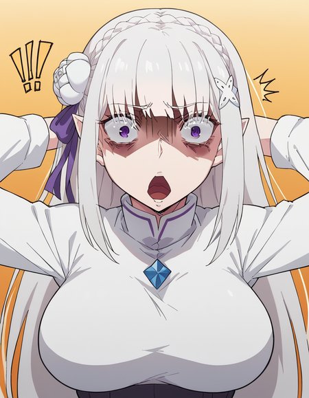 score_9, score_8_up, score_7_up, source_anime, <lora:rezero-emilia-s3-p1-ponyxl-lora-nochekaiser:1>, emilia, braid, crown braid, flower, hair flower, hair ornament, hair ribbon, long hair, pointy ears, purple eyes, white hair, x hair ornament, large breasts, <lora:shocked-black-guy-ponyxl-lora-nochekaiser:1> shocked black guy, open mouth, looking at viewer, hands behind head, shaded face,, , ,