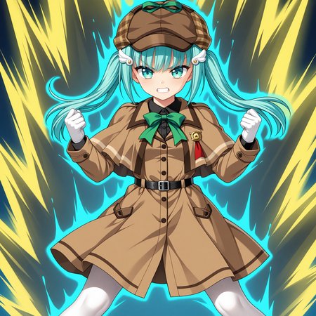 <lora:Charlotte_Di_Curvehorn_Yeatz_1_nai-000040:1>,Charlotte Di Curvehorn Yeatz,
twintails,wing hair ornament,detective,deerstalker,brown headwear,white gloves,white pantyhose,black shirt,long sleeves,brown coat,brown capelet,brown dress,green bowtie,black belt,
BREAK
1girl,solo,aqua hair,angry,w arms,standing,spread legs,aqua eyes,super saiyan,energy,blue energy,clenched hands,