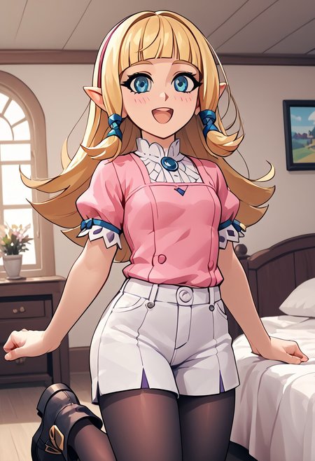 score_4,score_5,score_6,score_7_up,score_8_up,score_9 ((masterpiece,best quality,ultra detailed,highres,HD,4k:1.2)),
 Azure Striker Gunvolt(Main),shining highlights, 1girl, solo, girl focus,solo focus,face focus, 
zelda skyward sword, blonde hair, blue eyes, long hair, pointy ears, sidelocks, elf, bangs, blunt bangs, ribbons, hair ribbons,
pink top, ribbon on clothes,short pants,white pants,((black pantyhose)), black footwear, boots, white shirt, short sleeves, puffy sleeves, hair ornament,
indoors,smile,blush,open mouth,