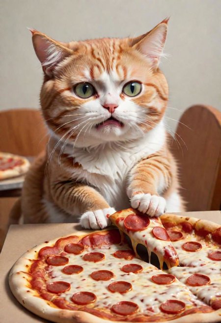 A sad cat trying to reach for a slice of pizza