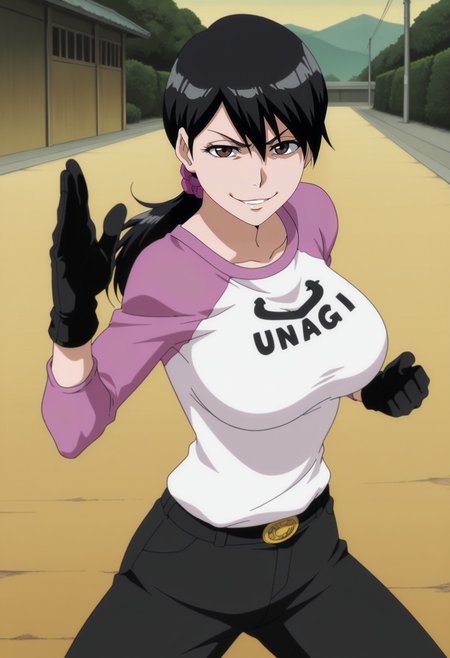 1girl,solo,mm,mature female,black hair,ponytail,brown eyes,large breasts,anime coloring, 
shirt,pants,cowboy shot, gloves,fighting stance, looking at viewer, evil smile, outdoors
,masterpiece,best quality,amazing quality,<lora:Ikumi_Unagiya-Bleach:0.85>