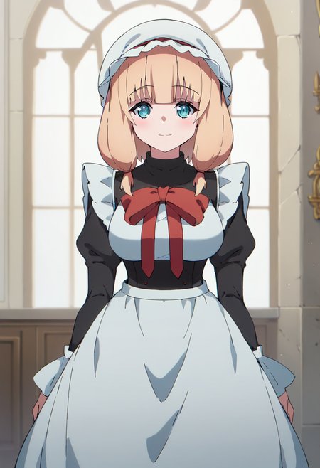 score_9, score_8_up,
<lora:MaougunSaikyou_SatieXL:1>, SatieMS,
1girl, solo, light smile, blush,
blonde hair, blue eyes, medium hair, low twintails, hair over shoulder,
maid, maid headdress, mob cap, maid apron, frills, red bow, juliet sleeves,
standing, looking at viewer, 
indoors, castle