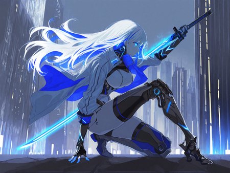 <lora:GENESIS_MK0.2:0.8>, <lora:kuroume_style_for_illustrious:0.8>, kuroume, <lora:Glowing_Spot_Color_-_Illustrious:0.6>, glowing eyes, streaked hair, glowing inner hair, glowing streaks,
1girl, weapon, sword, solo, long hair, holding weapon, holding, holding sword, on one knee, breasts, blue eyes, white hair, jacket, gloves, building, fingerless gloves, cyborg, thighhighs, glass, large breasts, katana, white jacket, mechanical legs, city, two-sided fabric, joints, full body