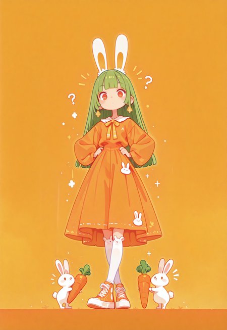 1girl, long hair, straight green hair, hime cut, orange dress, high-low skirt, white kneehighs, rabbit ear legwear, orange sneakers, standing, crossed legs, watson cross, hands on own hip, looking down at rabbit,?, animal, white rabbit, rabbit presenting carrot, notice lines, negative space, vivid colored, orange background, orange theme, no lineart, no outline, fine art, masterpiece, best quality, good quality, very awa, very aesthetic, absurdres, newest, haiz_ai, flatline,
