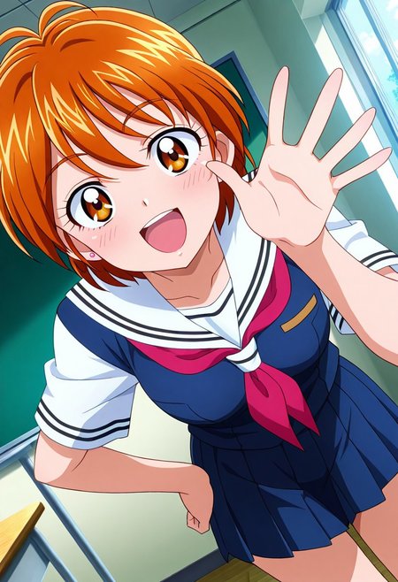 general,highres, ultra-detailed,very aesthetic,best quality ,best hands,best eyes,easynegative,
dynamic anglre, dutch angle, anime cloring,anime screencap,
1girl solo,looking at viewer,open mouth,smile,school,indoors,waving hand,hand on hip,
Nagisa misumi,orange hair, amber eyes,school uniform,