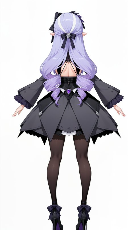 masterpiece, best quality, simple background, white background, amazing quality, very aesthetic, absurdres, best quality, 4k, upscale,    Vivian_zzz, 1girl, long hair, black pantyhose, black dress, drill hair, purple hair, full body, long sleeves, multicolored hair, high heels, back, pointy ears, french braid, from behind, streaked hair, facing away, black bow, hair bow, ribbon  <lora:Vivian_ZZZILLUS:1>