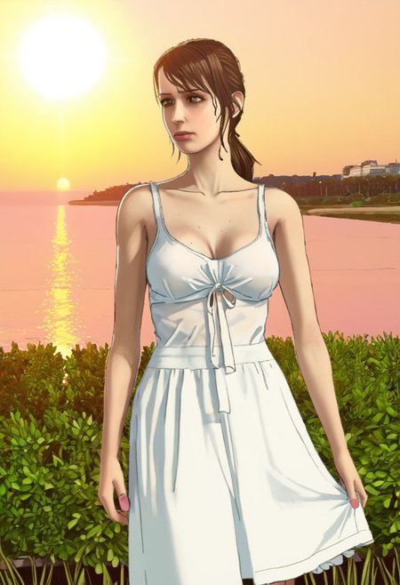 Highest quality, masterpiece, average looks,non_anime eyes, Outside, in a sun-drenched garden,quiet_mgsv,  ((sundress))