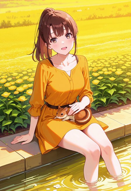 safe_pos, masterpiece, best quality, (realistic:0.35), traditional media, watercolor /(medium/),  1girl,Megumi <lora:IL-KatoMegumi:0.8>,brown hair,katou megumi,brown eyes,medium breasts,ponytail, long hair , soaking feet, head tilt, happy, spring, flowers, river, orange dress, yellow theme, flower field, squirrel in lap, animal in lap, petting squirrel,((detailed eyes)),((finger fix))