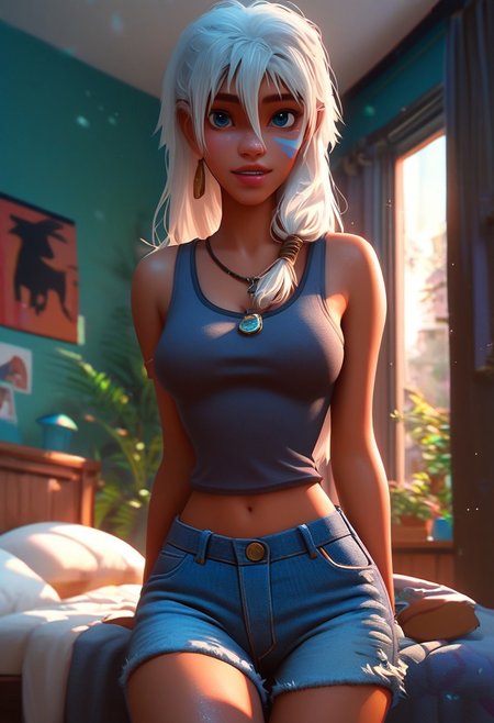 ZPDXL3, score_9, score_8_up, score_7_up, score_6_up, score_5_up, score_4_up, 
1girl, medium breasts, solo, 
bedroom, denim shorts, tank top, 
atkida, blue facial mark, white hair,