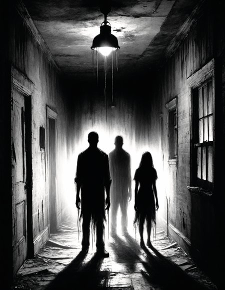 In a small town plagued by an urban legend, a group of friends dared each other to explore the abandoned asylum at the city's edge. As they ventured deeper into its dark halls, the shadows seemed to move on their ownâa warning from the past that some secrets should remain buried. One by one, they disappeared, their fates echoing through the night in a haunting chant of regret. silhouettes
<lora:The_Grey_Ones_Horror_Theme_v2-000008:1> gr4y0ne, horror (theme)