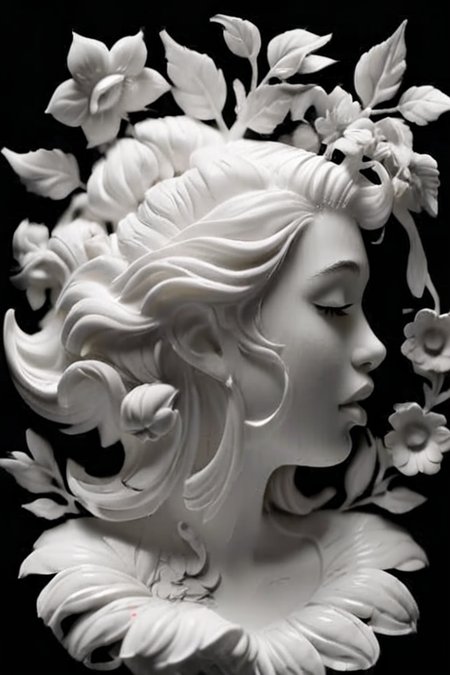 <lora:3DPrintingXL:1>,WhiteMold,art style,3d printed mold,1girl,solo,monochrome,greyscale,realistic,profile,closed eyes,black background,simple background,lips,hair ornament,flower,