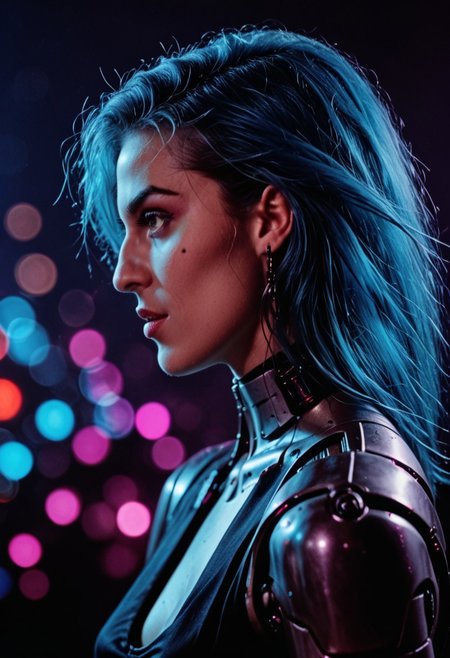 Profile, side view, score_9, score_8_up, score_7_up, cyborg, ar3na1989, Kodak Motion Picture Film Style, bignoselady, large nose, aquiline, 1girl, blue hair, (neon purple light), pop singer, (bokeh), sci-fi, dark atmosphere, moody, aesthetic,