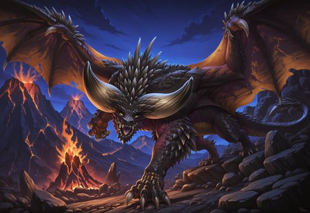 Graphic Design, color art, vibrant colors, colorful, intricate details, high contrast, detailed background, beautiful detailed, beautiful face, detailed eyes, detailed face, detailed scales, new, newest, n3rg1g4, dragon, yellow eyes, horns, spikes, fangs, sharp teeth, claws, wings, tail, no humans, dynamic pose, night, volcano, fire, rocks, mountain, magma, (masterpiece, best quality, newest, recent, absurdres),