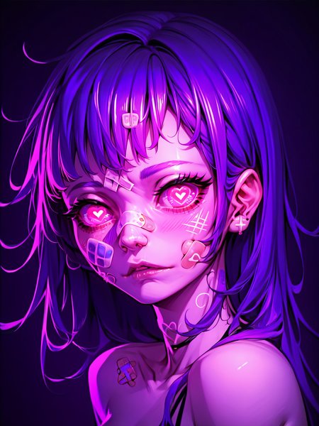 score_9, score_8_up, score_7_up, score_6_up, score_5_up,  <lora:neonXLP:1> neon, 1girl, solo, looking at viewer, bandaid, bandaid on face, symbol-shaped pupils, purple theme, heart, bandaid on nose, bangs, pink eyes, heart-shaped pupils, portrait