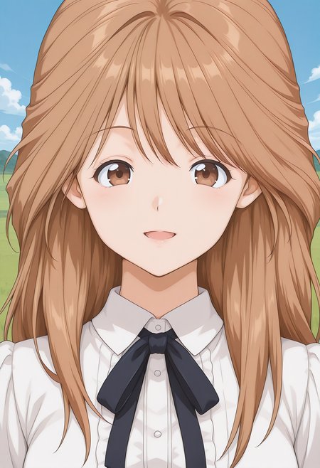 kawai_iyona, brown eyes, brown hair, long hair, virgin killer outfit, <lora:kawai_iyona_illustrious_ver2:0.8> 
smile,, masterpiece, best quality, sensitive,, 1girl, solo, blue sky, (grasslands:1.2), looking at viewer,, (upper body:1.2), (close-up:1.2), (facing viewer:1.2), (open eyes:1.4), (portrait:1.2)