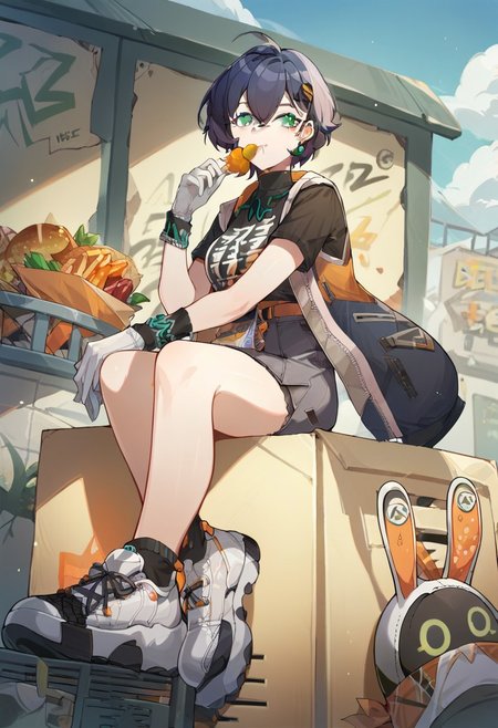 score_9, score_8_up, score_7_up, source_anime, belle \(zenless zone zero\), shoes, grey skirt, upper body, bag, food, sneakers, white footwear, gloves, ear piercing, shorts