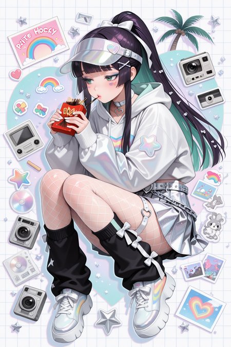 embedding:lazypos, 1990's (style), 1girl, long hair, flat hair, straight hair, blunt bangs, hime bangs, long sidelocks, high ponytail, dark purple shiny hair, (small stars in hair), narrowed eyes, bright green eyes, blush, full face blushing, makeup, eye makeup, silver holographic glittery eyeshadow, eyeliner, mascara, colored eyelashes, detailed lips, (shiny glossy lips), light red lipgloss, white nail polish, calm, pursed lips, holding, holding food, pocky box, holding pocky box, (harajuku fashion), white holographic pastel rainbow logo print latex hoodie, white long sleeves, (pastel rainbow sports stripes on white long sleeves), silver shiny belt, silver shiny chains, chain belt, white sequined heart-shaped belt buckle, silver holographic pleated miniskirt, bows, small bows, black bows, white bows, multiple bows, hair ribbon, hair ornaments, black glossy visor cap, white star-shaped hair ornament, x shaped hair ornament, hairclips, cute pastel hairclips, white choker, o-ring pendant, white iridescent thigh strap, heart o-ring, fishnets, white fishnets, white fishnet pantyhose, black baggy leg warmers, pastel mint green rainbow holographic platform sneakers, (detailed background, detailed scenery : 1.1), sticker diary page, white paper grid background, (cassette tape, CDs, CD players, radio, polaroid camera, photograph collage, stickers, too many stickers, decals, palm tree-shaped stickers, hearts, stars, rainbows, cute doodles, text, white ribboned frame) <lora:TrendCraft_The_Peoples_Style_Detailer-v1.0A-3_13_2025-illustrious:0.2>