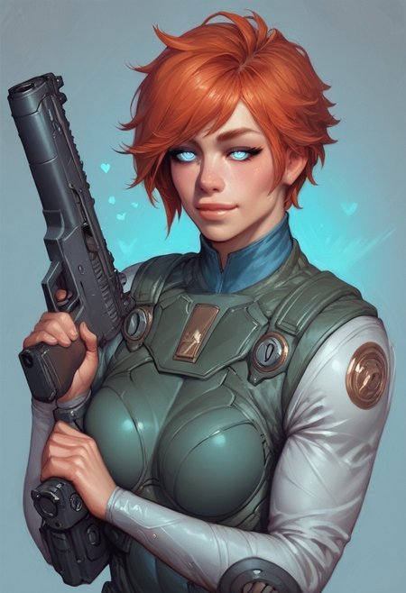 ((1girl, cute face, dynamic pose,
Glowing aura surrounding a futuristic character like the Nomad, clad in a futuristic detailed brown suit handmade, (((futuristic army vest armor))) patches on suit, redhead, long bangs, holographic blue light streaks, medium breasts, (big shining white eyes without pupils:1.5), dynamic pose)), coy smile
BREAK 
((((full closed)))), (((big futuristic gun in hands, sci-fi gun in hands)))
score_9, score_8_up, score_7_up, score_6_up, source_cartoon, rating_explicit, Expressiveh, (((((upper body))))), dynamic pose, (in wastelands, sandstorm:1.3)