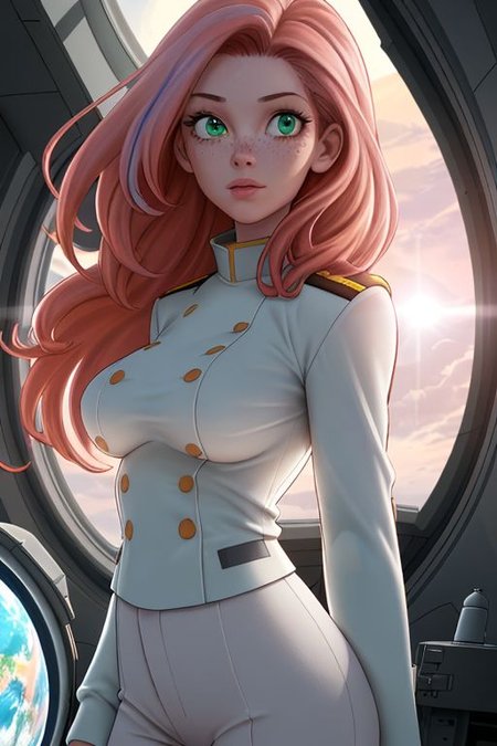 (8k uhd, masterpiece, best quality, high quality, absurdres, ultra-detailed, detailed background), space ship observation deck, large window, in space, earthlike planet in sunlight in background, single woman front center, gradient hair, red hair, light pink hair, green eyes, light freckles, turned towards viewer, looking to the side, floating in zero gravity, uniform trousers, no shirt, no jacket, naked boobs, big boobs, back light, rim light