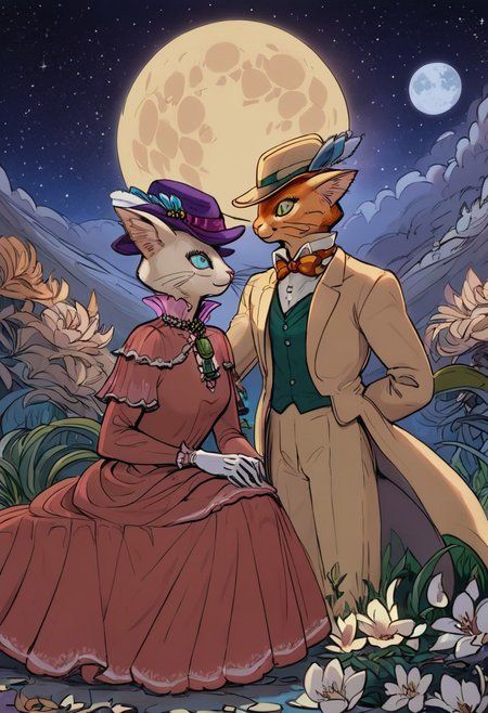 score_9, score_8_up, score_8, cute, in the style of beatrix potter, cel-shading, fca style, baroness louise, white fur, cat, female cat, blue eyes, anthro, gloves, purple hat, elegant hat, red dress, beautiful eyes, 1girl, BREAK
baron humbert, ginger fur, blue eyes eyes, cat, male, anthro, suit, tuxedo, blow-tie, white gloves, 1boy, BREAK
duo, sitting, outside, looking away, moon, at night, starry sky, woth design