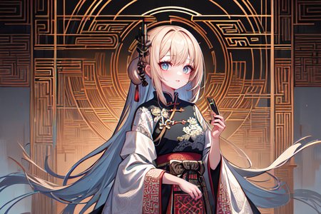 highly insanely detailed, masterpiece, top quality, best quality, highres, 4k, 8k, RAW photo, (very aesthetic, beautiful and aesthetic),  
(code_style,codestyle),english text,traditional chinese text,(sympattern,geometric pattern:1.3), 
<lora:CodeStyle (half generic class)_564920:0.3>, 
(1girl:1.3), 1other, 
Industrial age city,shimmering bronze background,âââ
