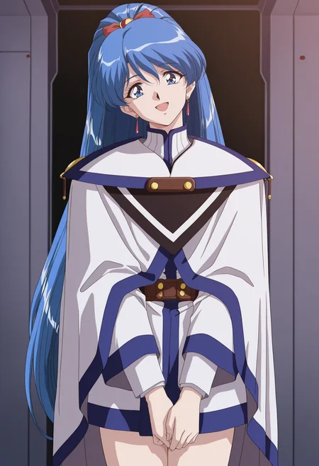 anime coloring, retro artstyle, 1990s \(style\), 1girl, very long hair, blue eyes, blue hair, high ponytail, ribbon, earrings, cloak, hands together, smile, open mouth, indoors, looking at viewer, head tilt, science fiction,  cowboy shot,  <lora:sayaka_melty:1>, masterpiece, best quality, amazing quality, very aesthetic, absurdres, highres, newest
