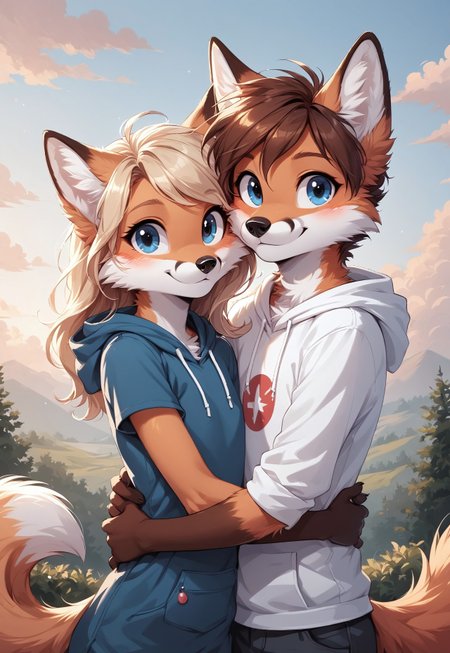 masterpiece, score_9_up, score_8_up, score_7_up, score_6_up, source_furry, (best quality:1.1), ultra-detailed, high resolution, highly detailed macro illustration, (good_hands), (duo) BREAK 1boy, anthro fox, fur, (blue eyes), short brown hair, flat chest, hoodie with print, switzerland BREAK 1girl, anthro fox, long blonde hair, fur, (cute face:1.3), slim, bottom heavy, adorable BREAK (cuddling a anthro fox:1.3), BREAK outside, nature, sunset, sharp focus, perfect lighting, anatomically correct, extremely detailed, high detail, detailed background, OverallDetail, zPDXL3