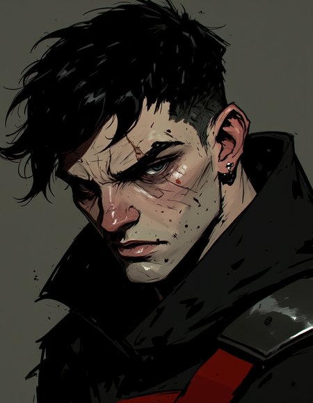 Ev Ganin style. This is a digital drawing of a young adult male with a striking, intense expression. The artwork is rendered in a dark, gritty comic book style with a muted color palette dominated by shades of black, dark grey, and a hint of red. The subject has short, dark hair with a receding hairline, and a sharp jawline accentuated by prominent cheekbones. <lora:Ev_Ganin:1.0>