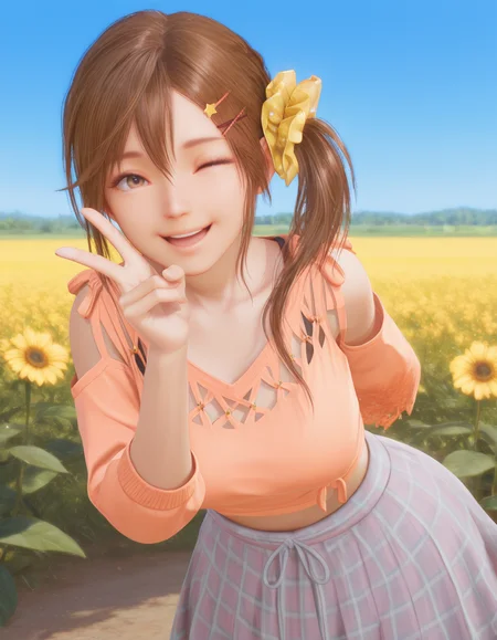 1girl, smile, leaning forward, arms behind back, wink, open mouth, upper teeth only, sparkle, v, hand on own face, field, flowers, blue sky, sunny, realistic, 
<lora:Misaki_vvp_lcd_v0.3:1> misakivvplcd, yellow scrunchie, hair clips, side ponytail,
mainvvp, midriff, topknot, plaid skirt, 
masterpiece, best quality, amazing quality,
