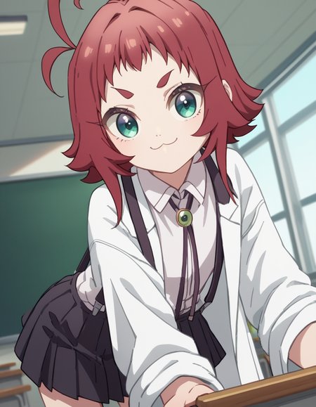 score_9, score_8_up, score_7_up, source_anime,
kusuriyakuzen, <lora:kusuri-yakuzen-s1-ponyxl-lora-nochekaiser:1>,
kusuri yakuzen, green eyes, red hair, antenna hair, ahoge,
short hair, white shirt, pleated skirt, collared shirt, black skirt, neck ribbon, suspenders, labcoat, suspender skirt, female child,
indoors, classroom, bent over, smile,
looking at viewer, cowboy shot, dutch angle, solo,